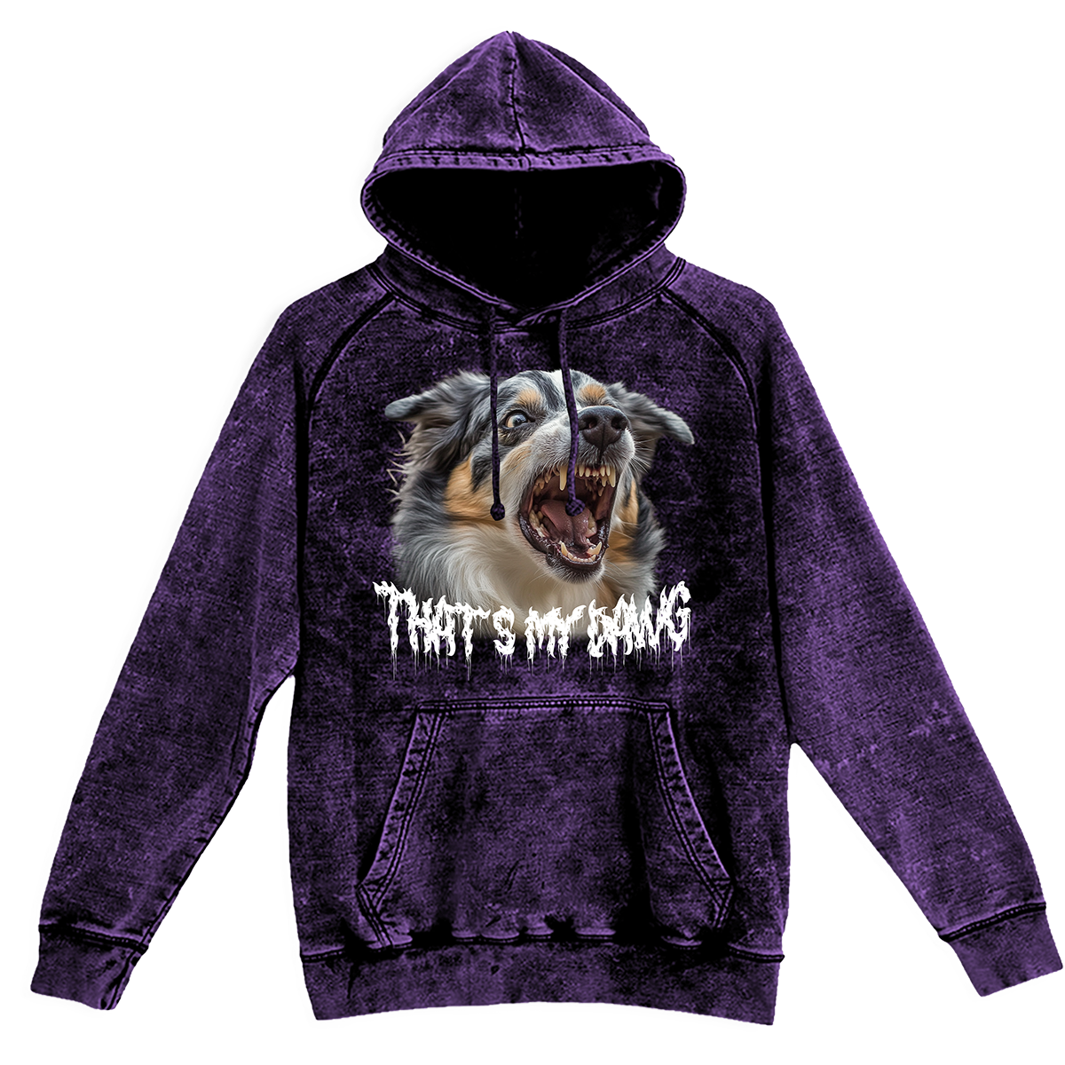 a purple hoodie with a picture of a dog on it