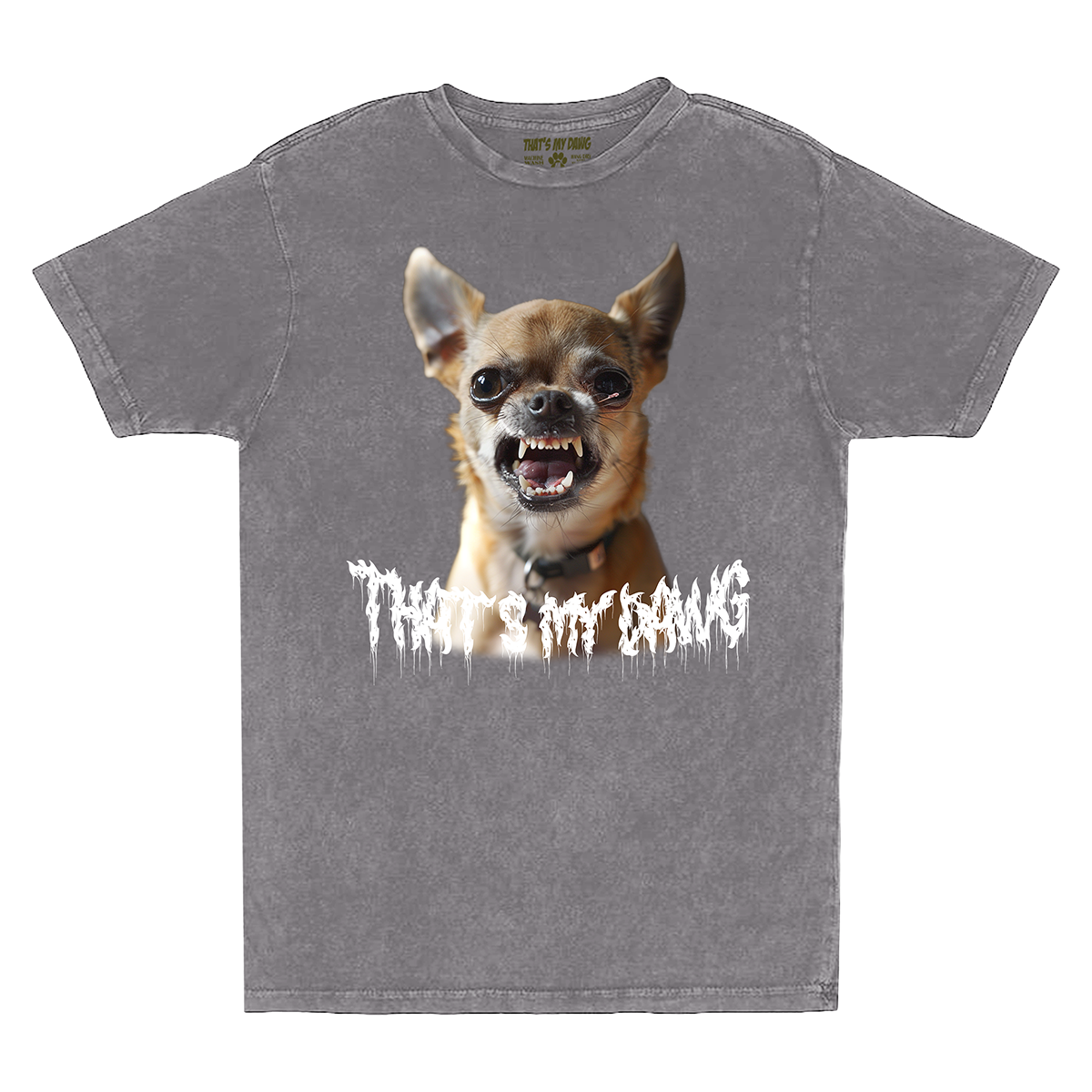 a gray shirt with a picture of a dog on it