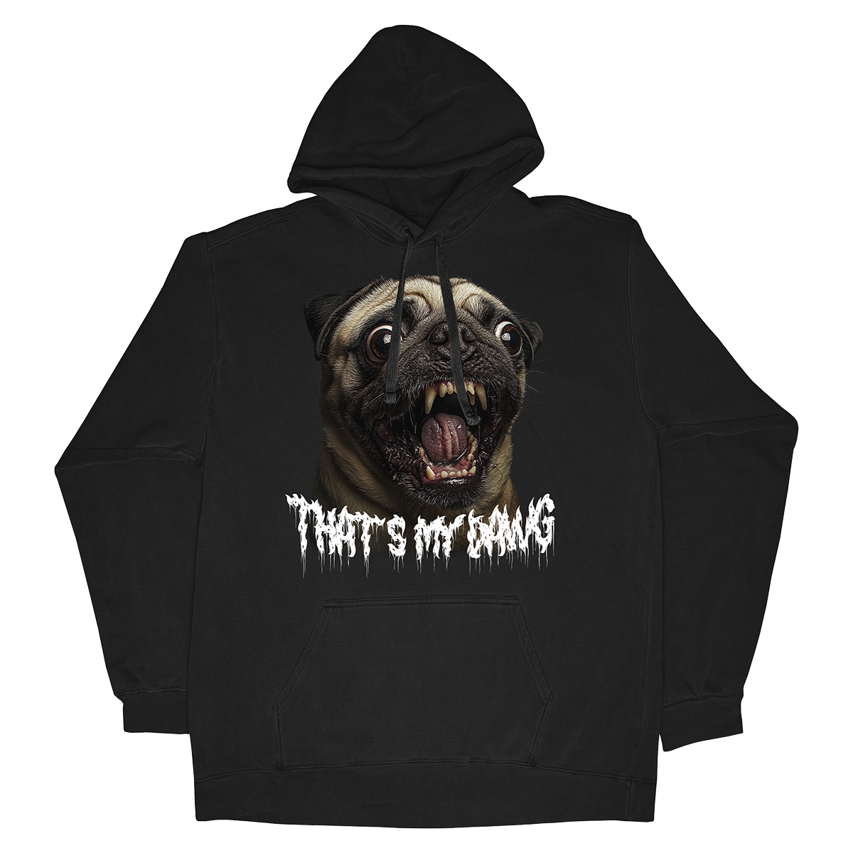 a black hoodie with a pug on it