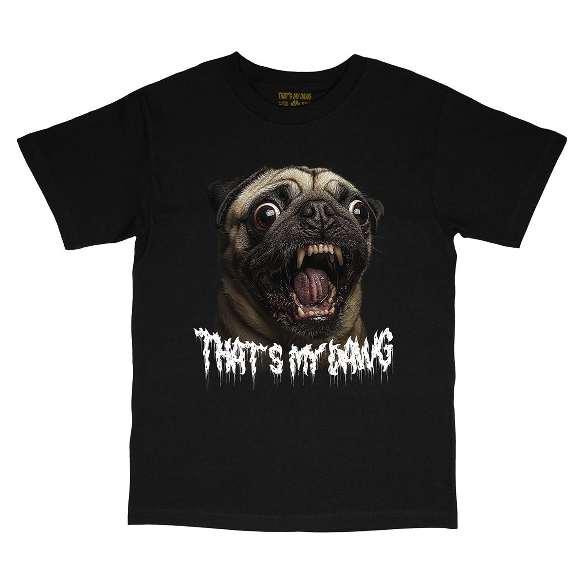 a black t - shirt with a pug's mouth