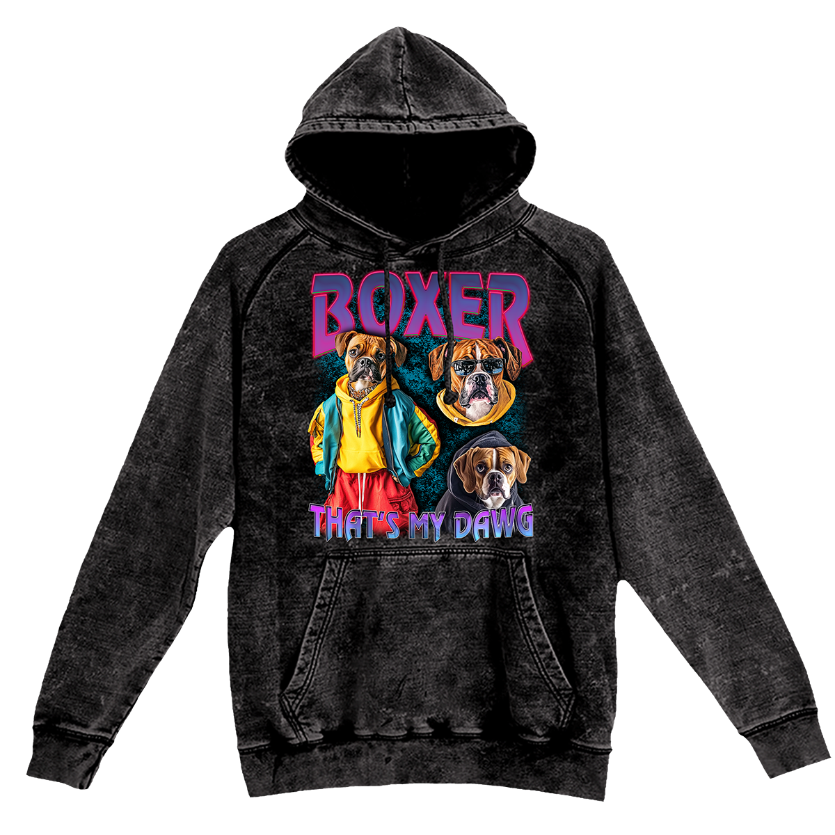 a black hoodie with a picture of boxer dogs on it