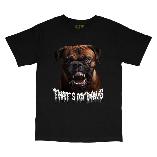 a black t - shirt with an image of a dog's face