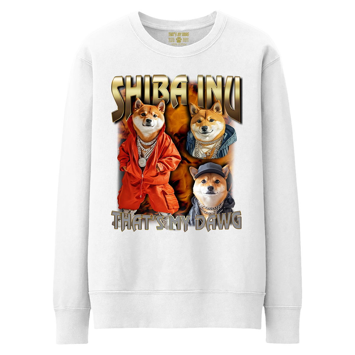 a white sweatshirt with three dogs on it
