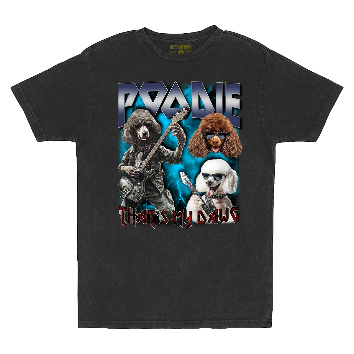 a black t - shirt with a picture of two dogs and a guitar player