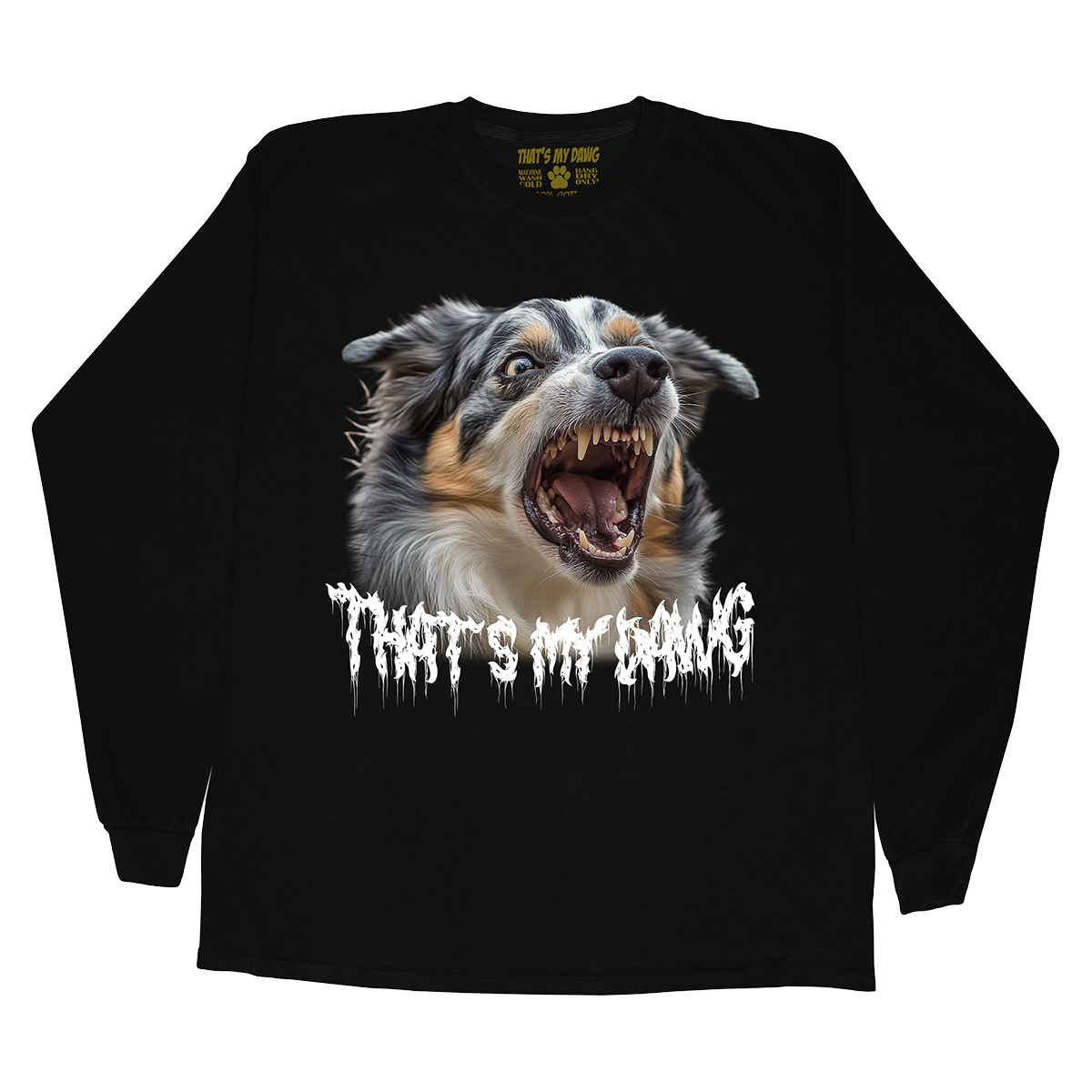 a black shirt with a picture of a dog with its mouth open