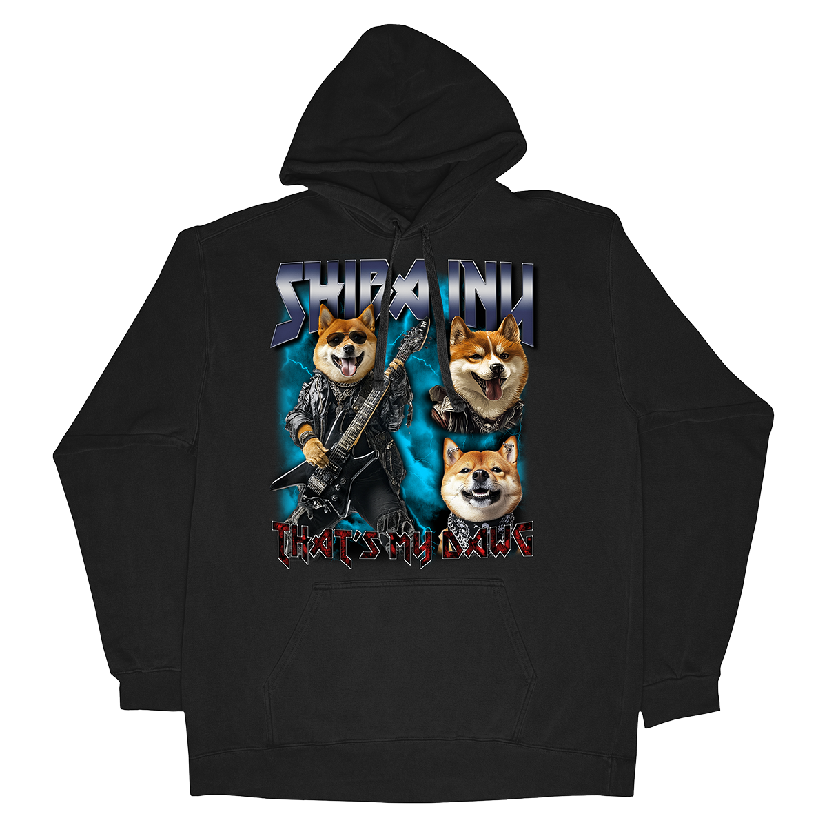 a black hoodie with two corgi dogs on it