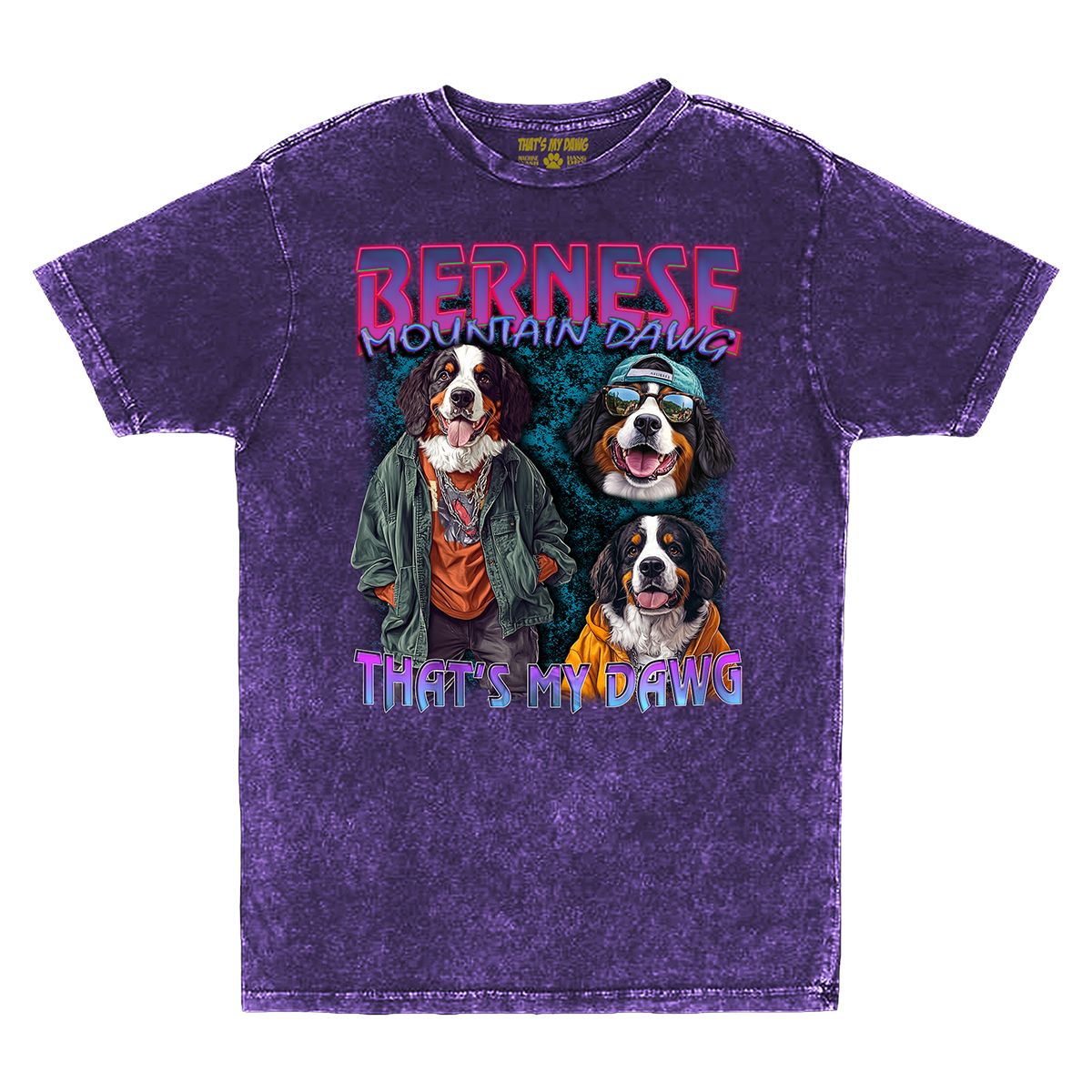 a purple shirt with two dogs on it