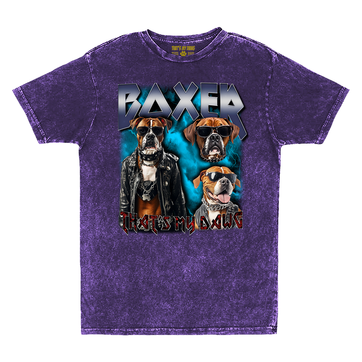 a purple shirt with two dogs wearing leather jackets