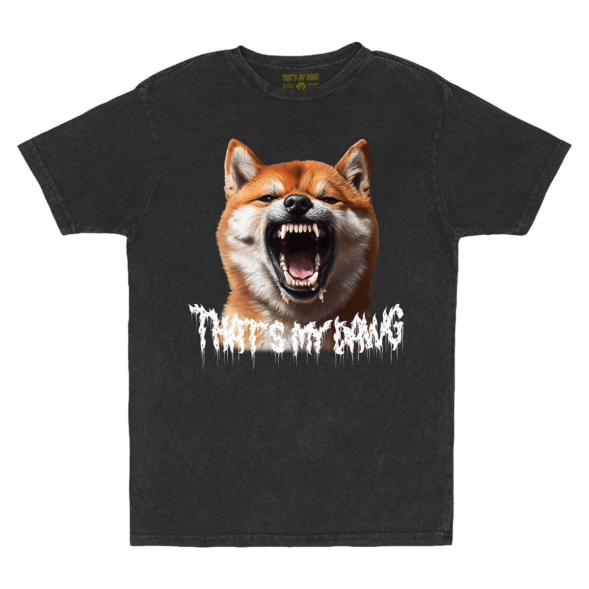 a black t - shirt with an image of a dog with its mouth open