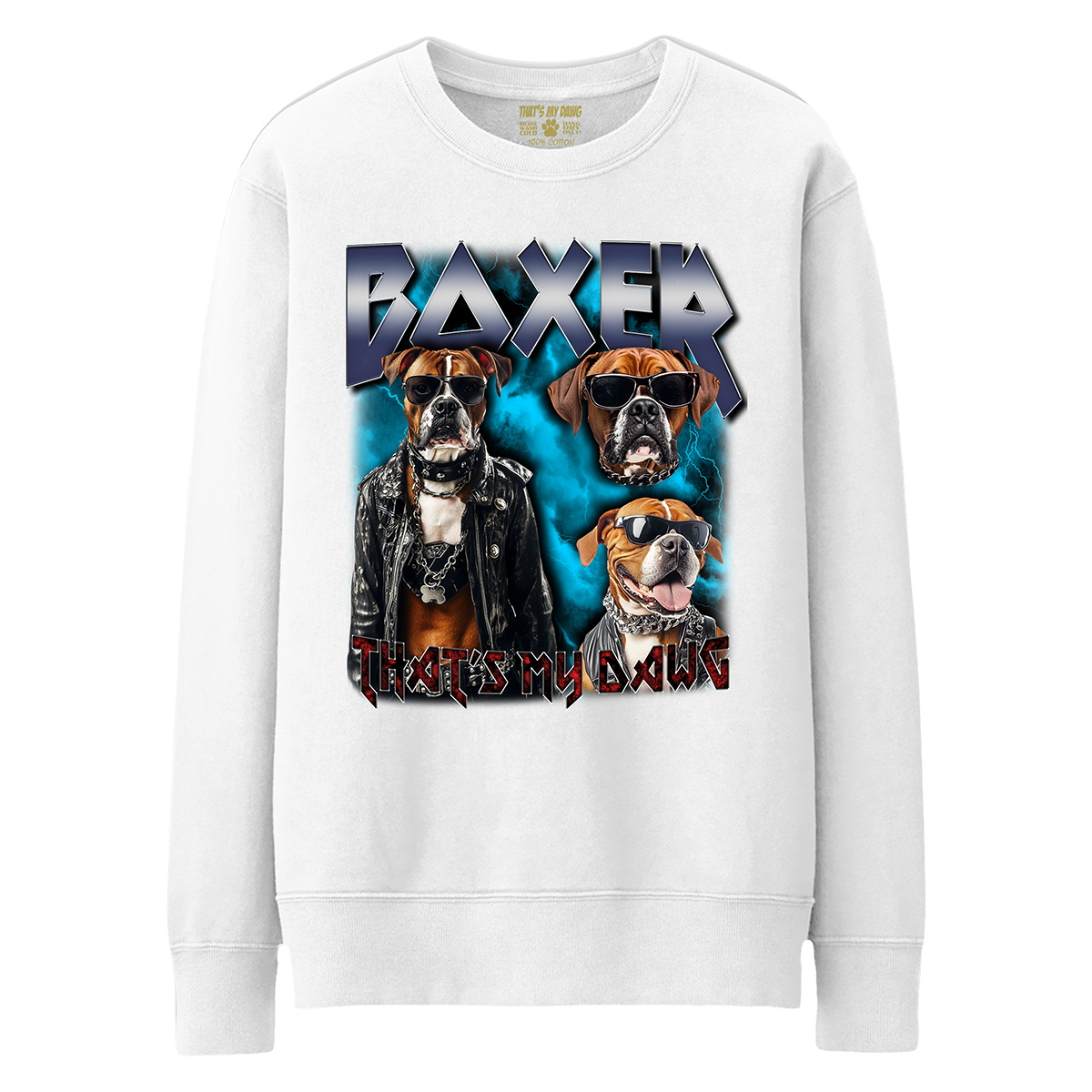 a white sweatshirt with two dogs wearing sunglasses