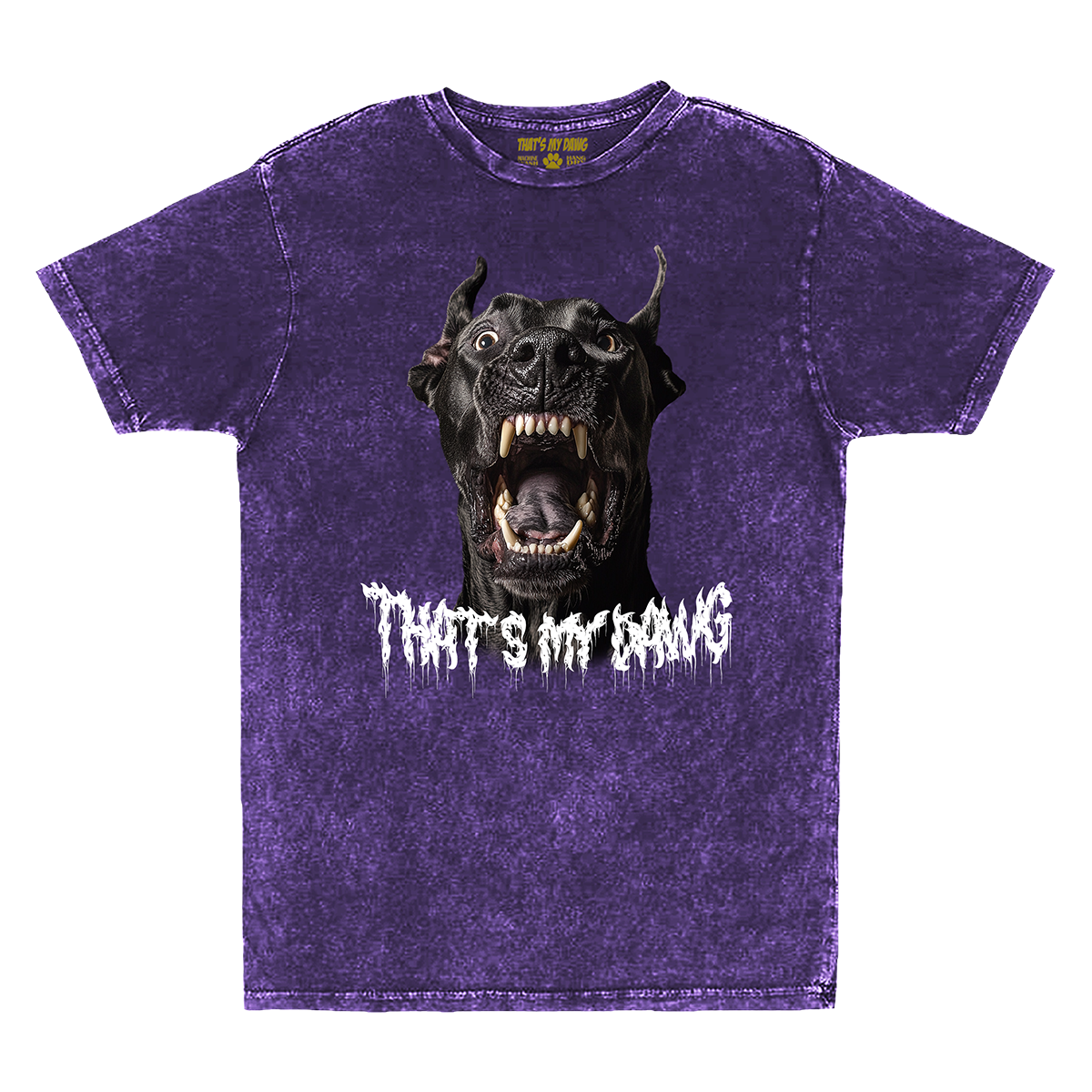 a purple shirt with a black dog's head and the words that's