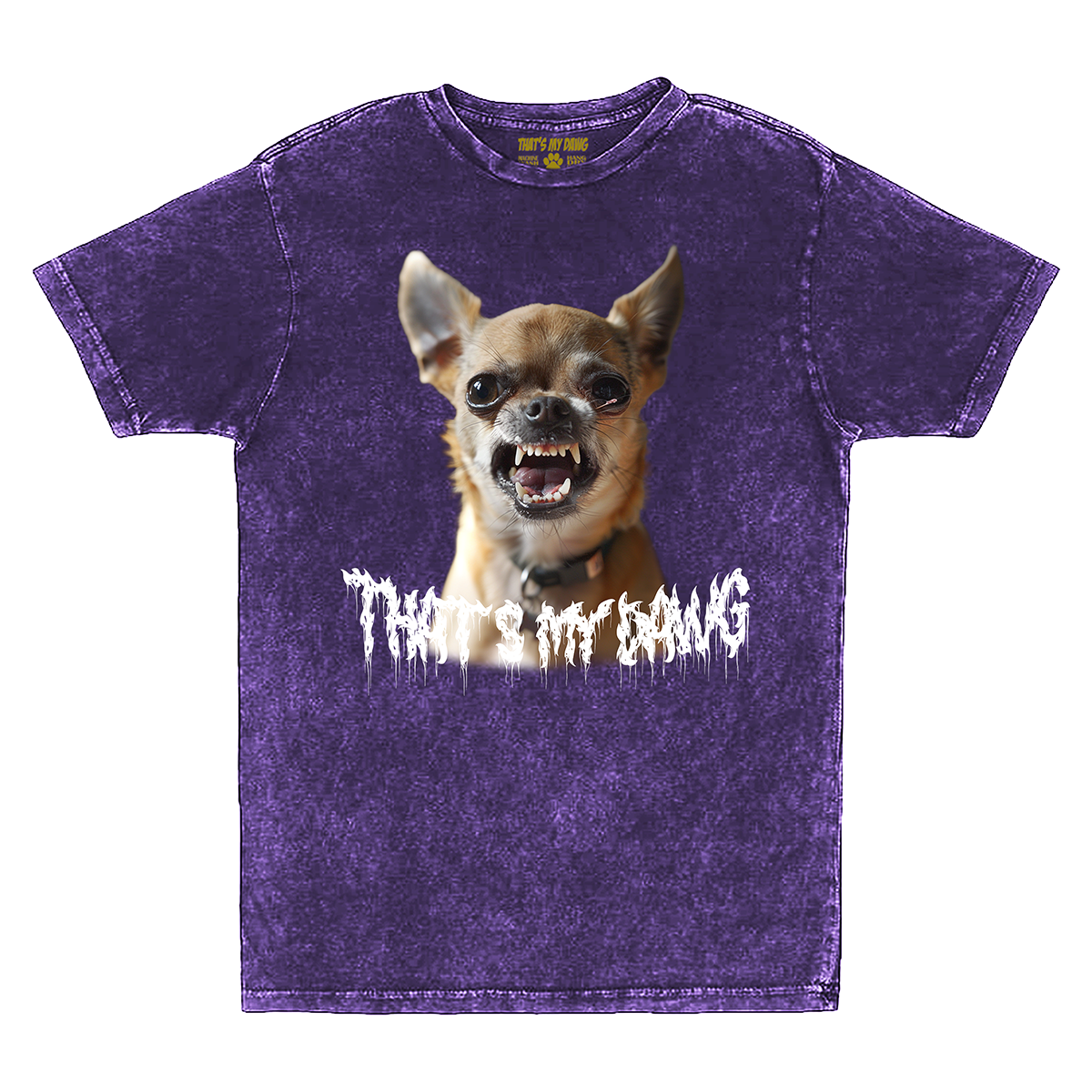a purple t - shirt with a picture of a dog on it