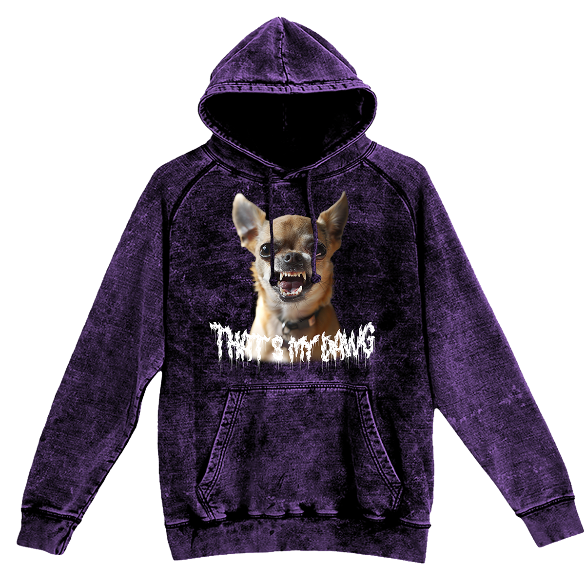 a purple hoodie with a picture of a dog on it