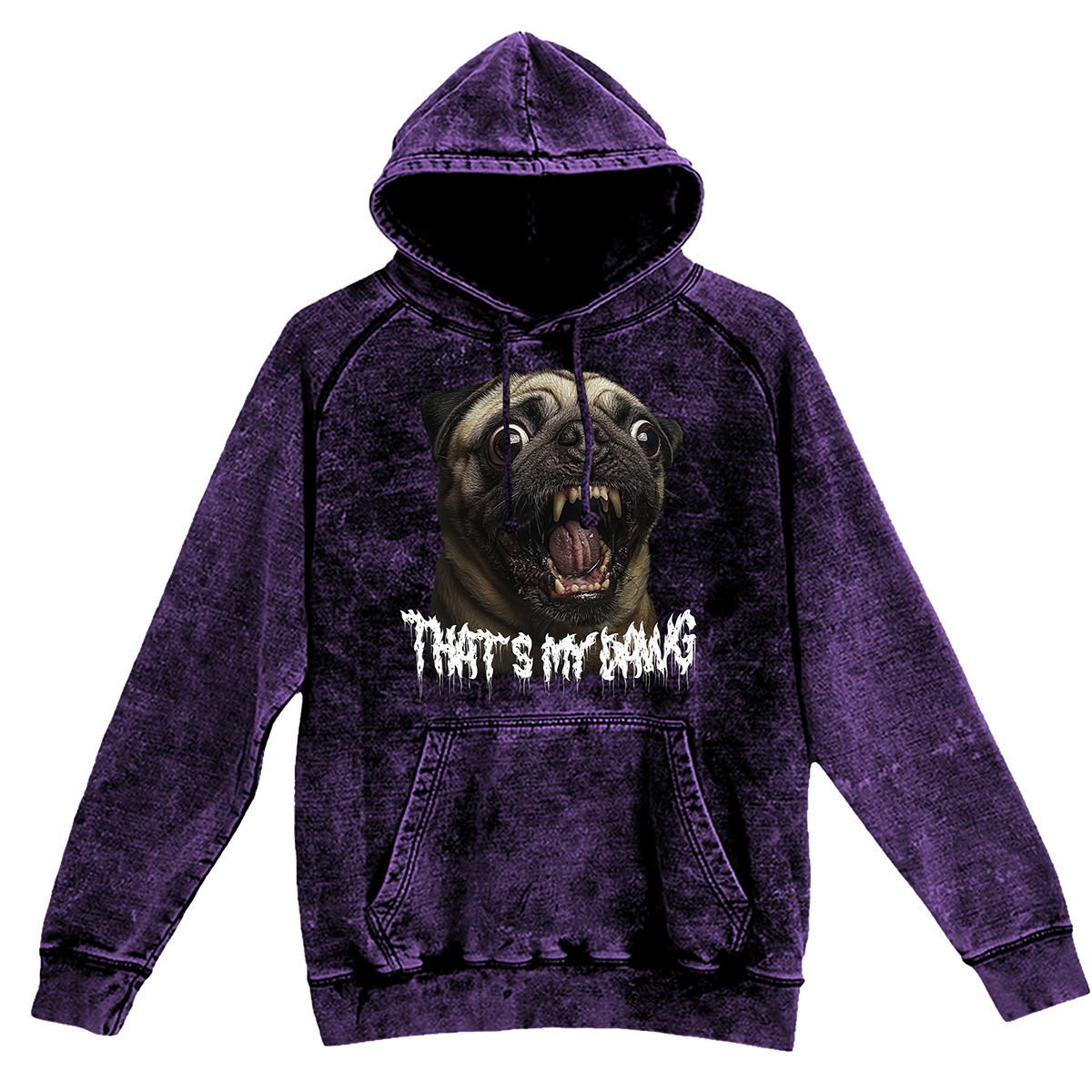 a purple hoodie with a picture of a pug on it