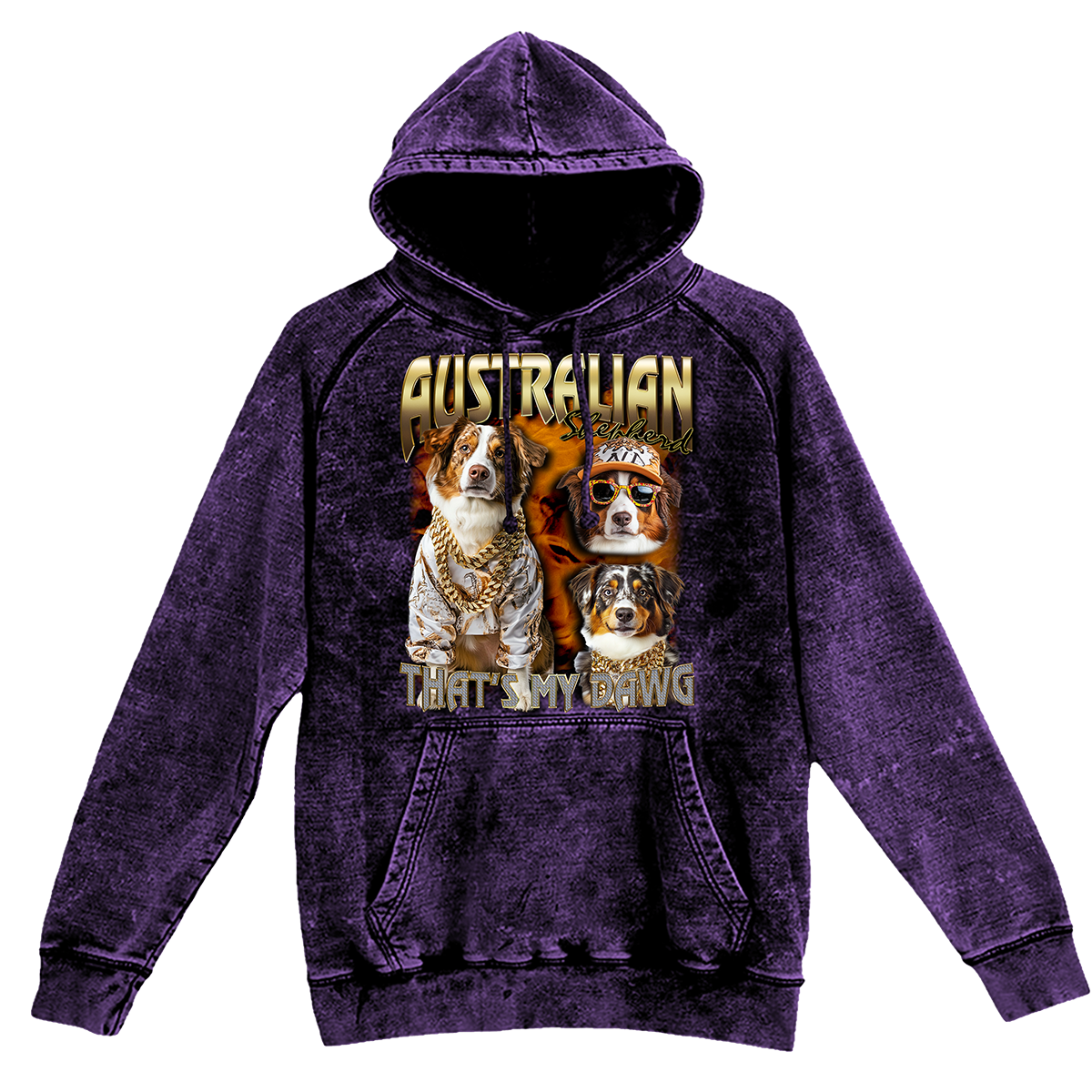 a purple hoodie with two dogs on it