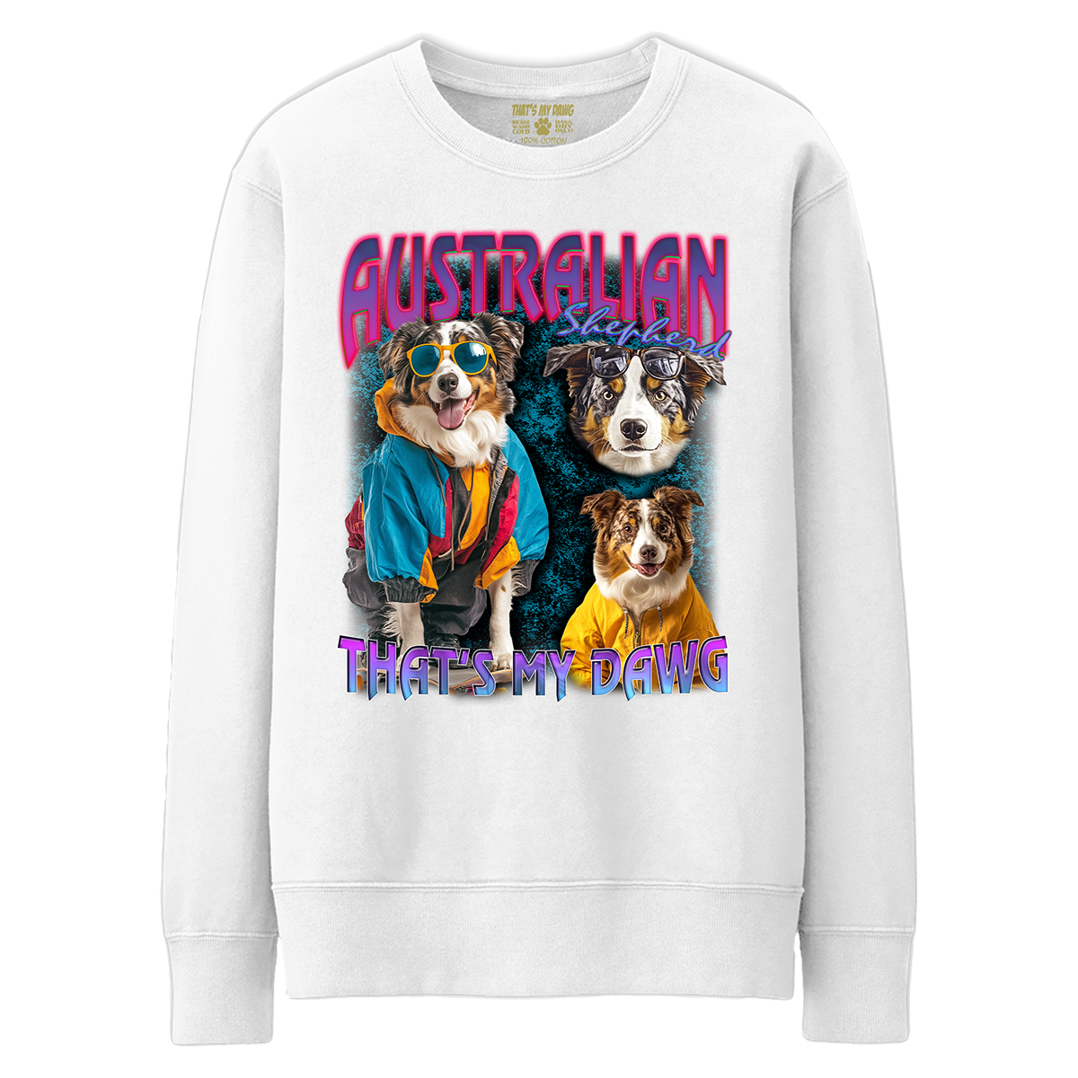 a white sweatshirt with two dogs on it