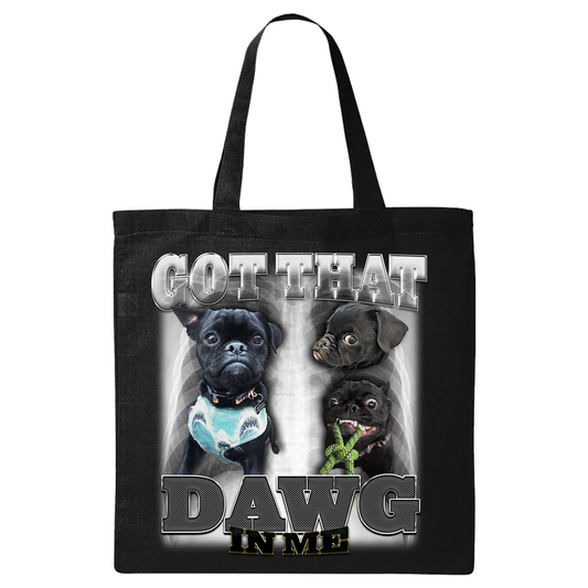 a black tote bag with three dogs on it