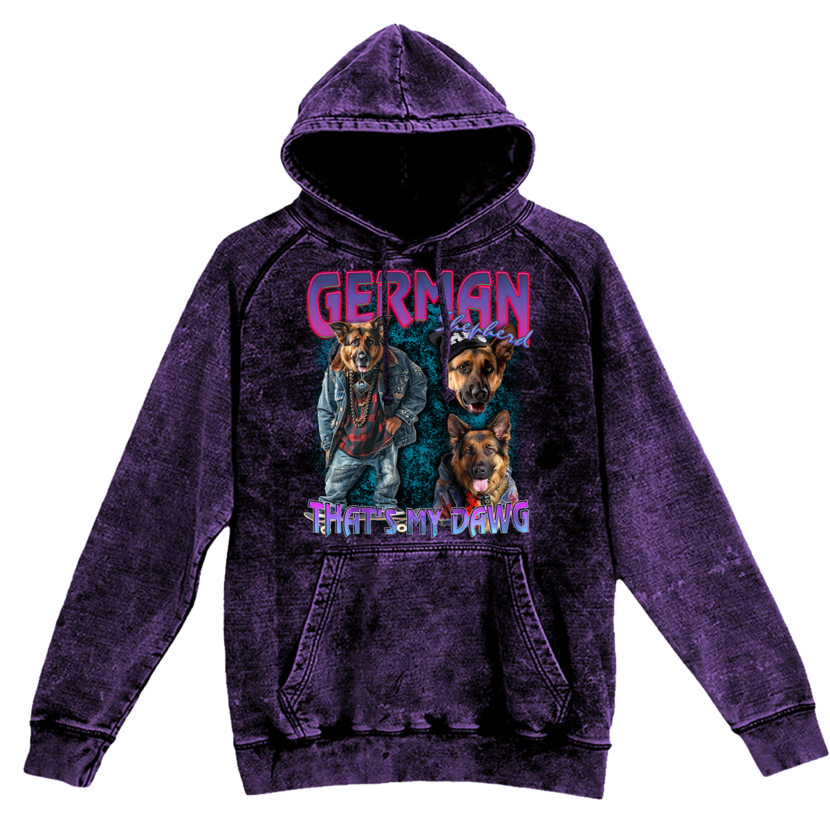 a purple hoodie with a picture of two dogs on it