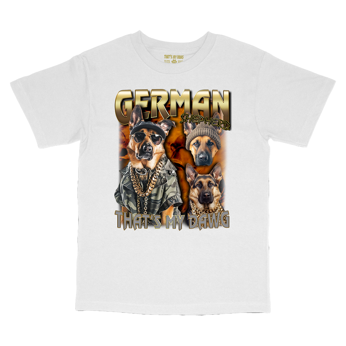 a white t - shirt with german shepherds on it