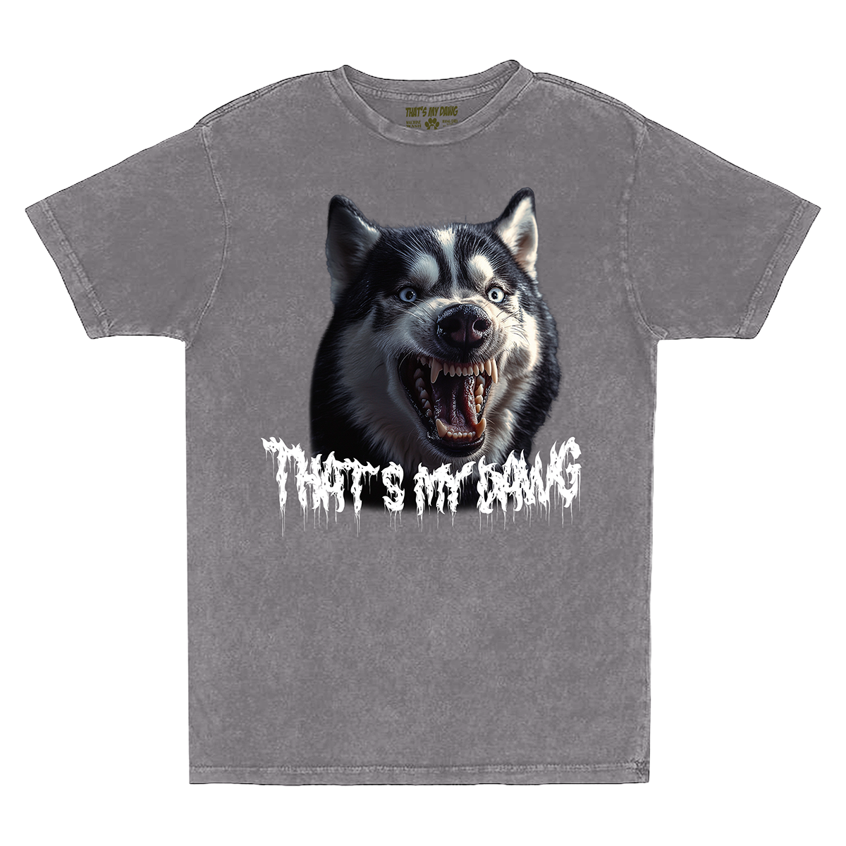 a gray t - shirt with an image of a husky dog