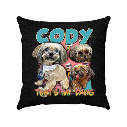 a black pillow with three dogs on it