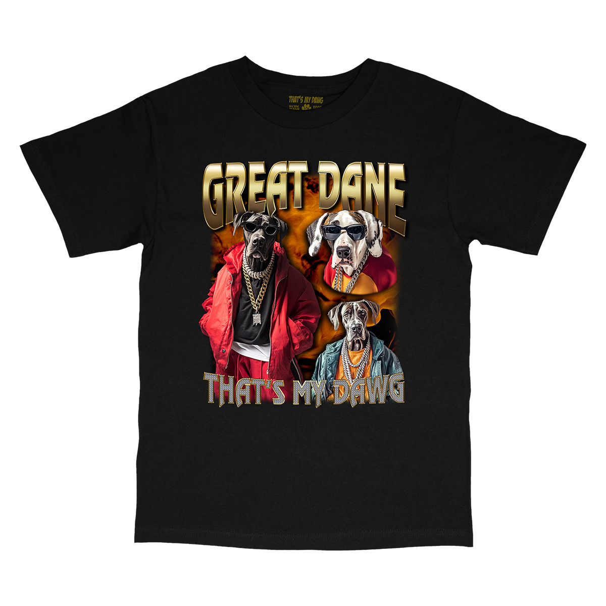 a black t - shirt with two dogs on it