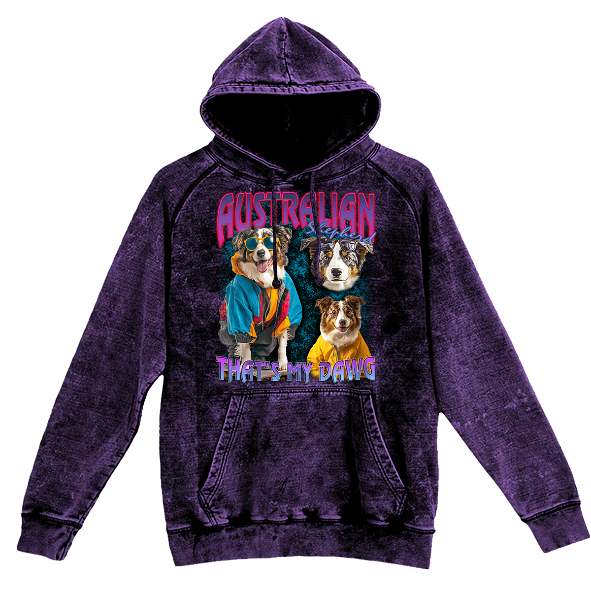 a purple hoodie with two dogs on it