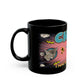 a black coffee mug with a picture of a cat