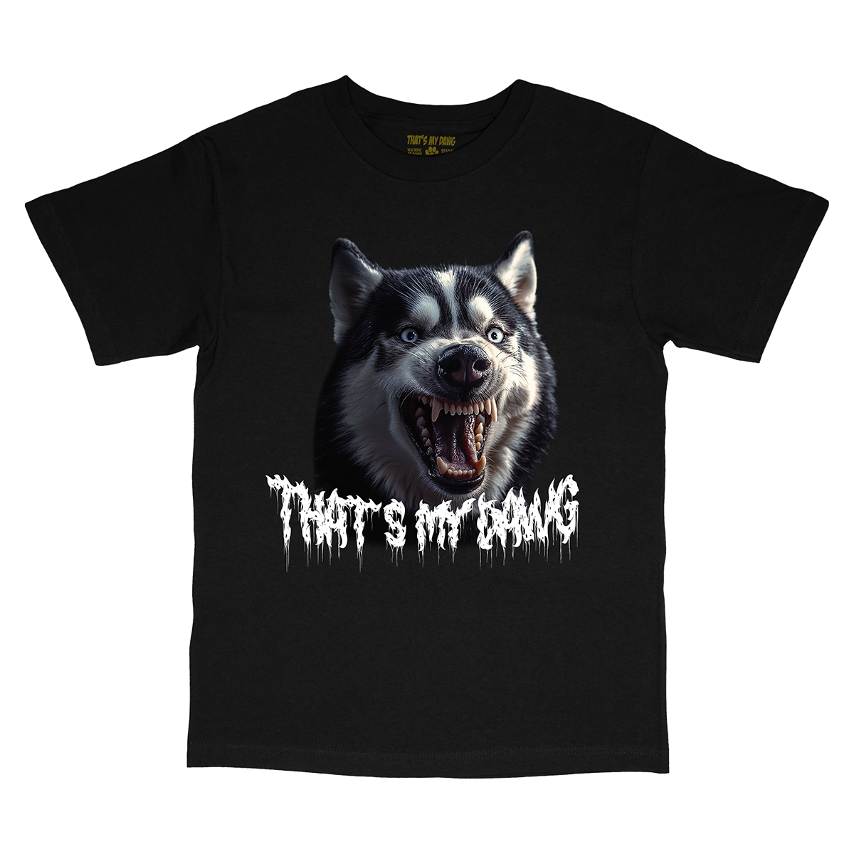 a black t - shirt with a picture of a dog that says that is my