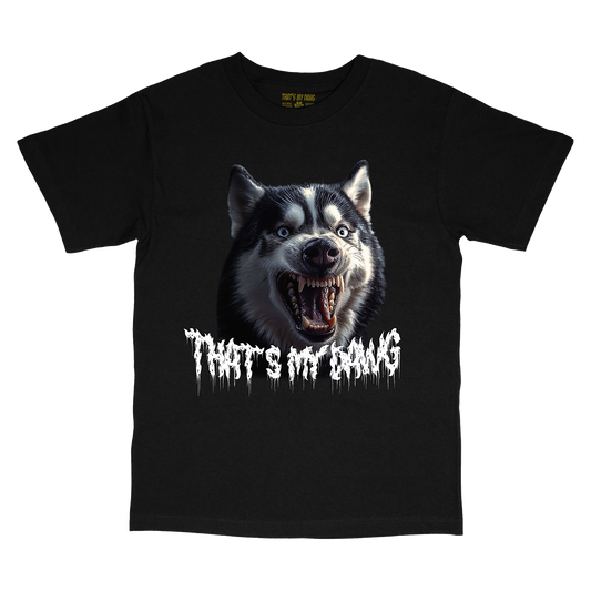 a black t - shirt with a picture of a dog that says that is my