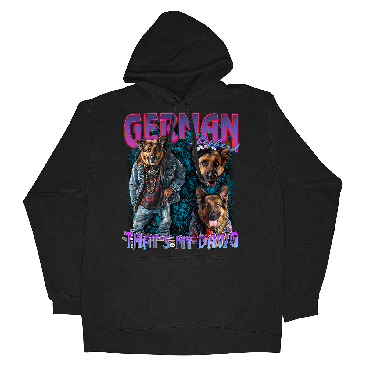 a black hoodie with two dogs on it