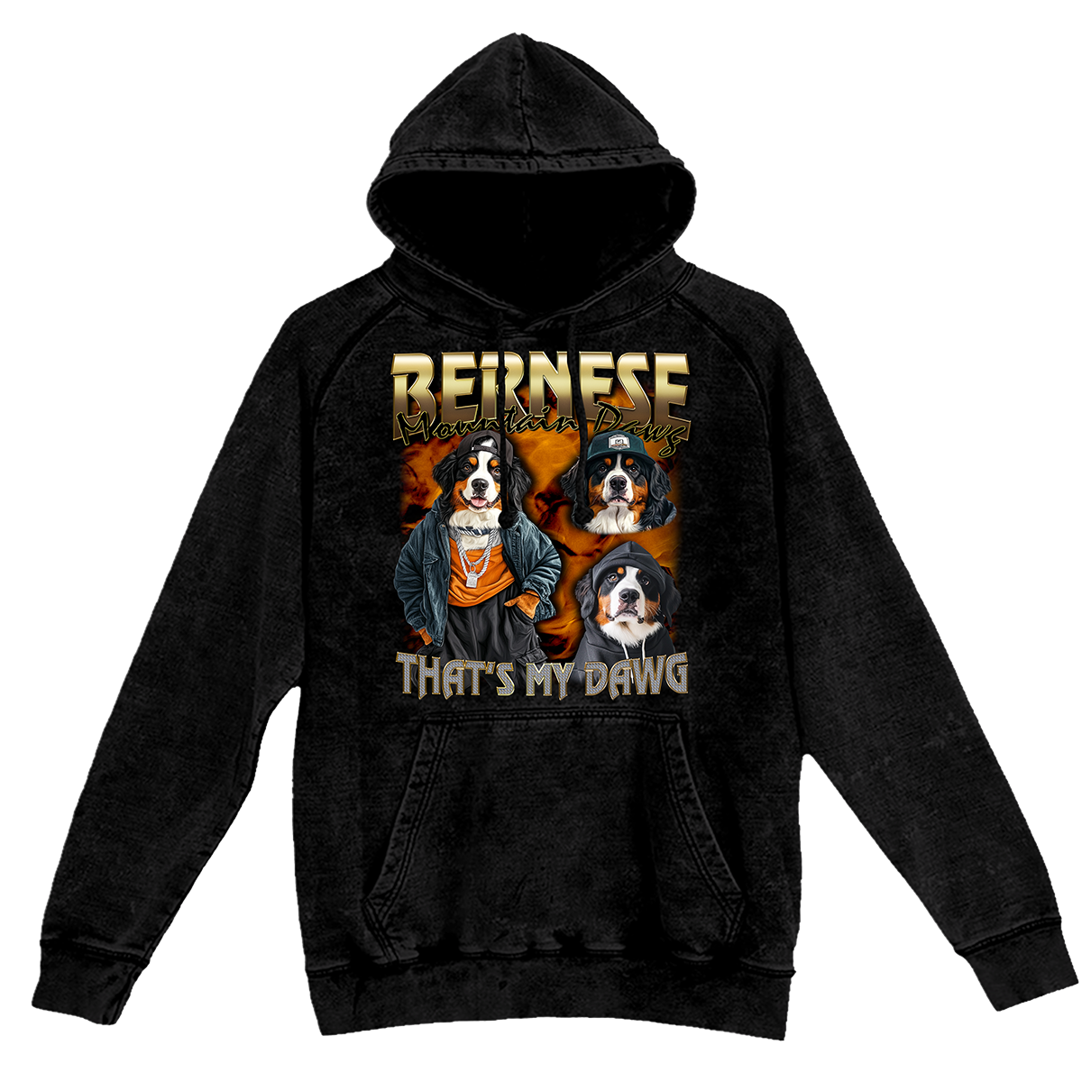 a black hoodie with three dogs on it