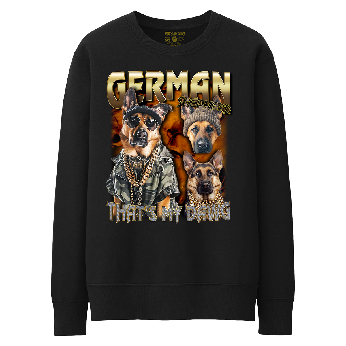 a black sweatshirt with a picture of two german shepherds