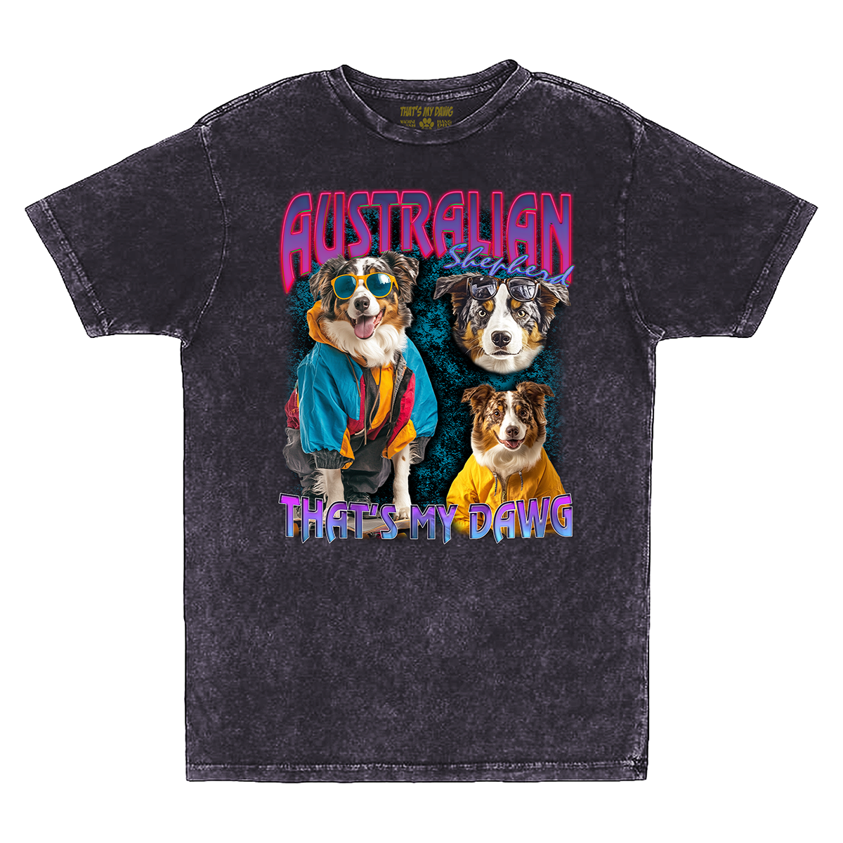 a black t - shirt with three dogs on it