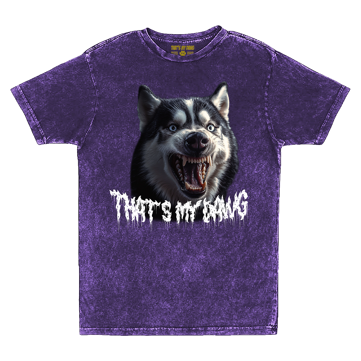 a purple t - shirt with a picture of a dog that says that's