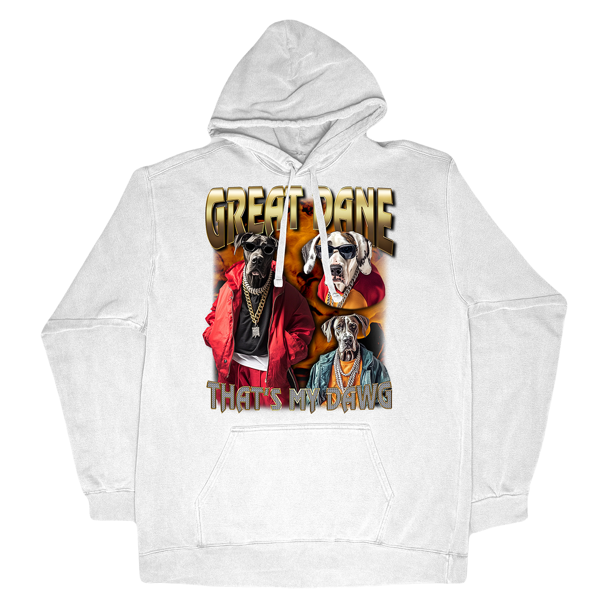 a white hoodie with two dogs on it