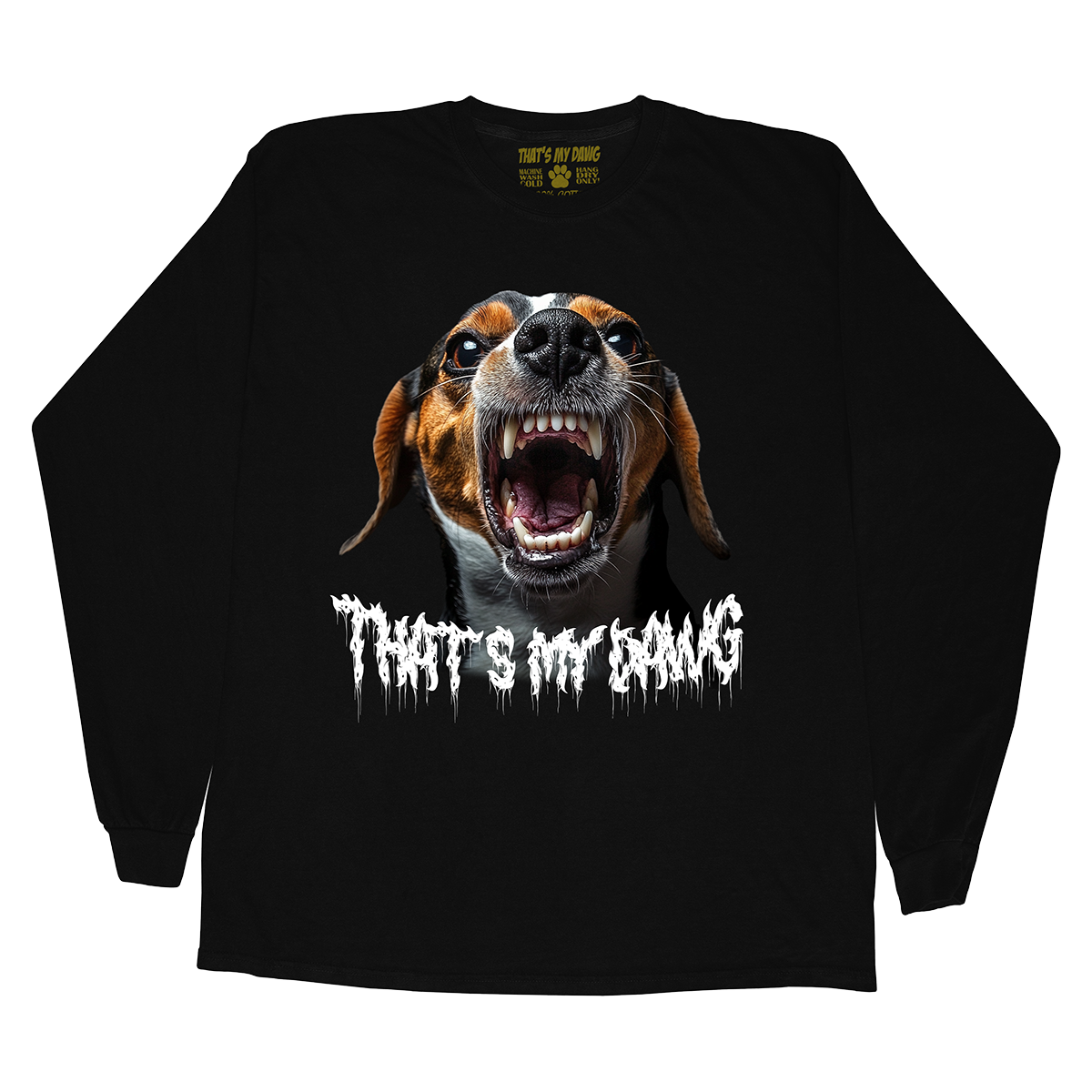 a black long sleeve shirt with a picture of a dog with it's mouth