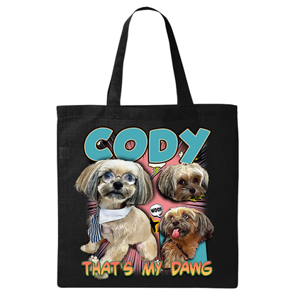 a black tote bag with three dogs on it