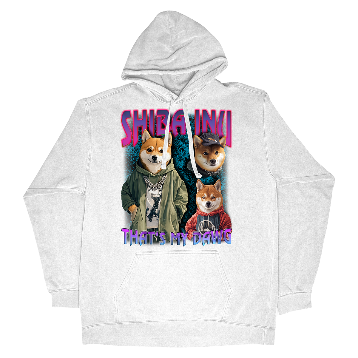 a white hoodie with two corgis on it