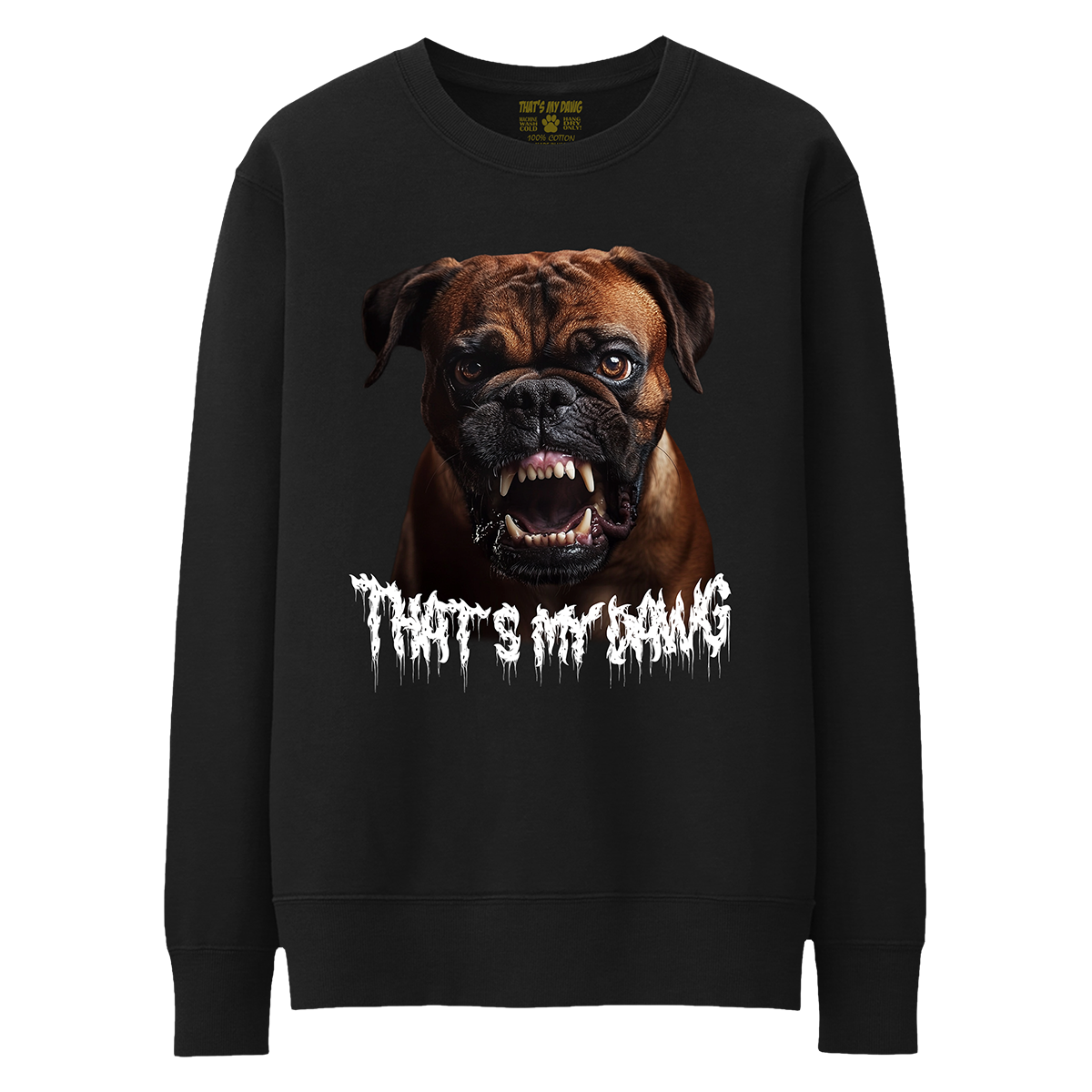 a black sweatshirt with an image of a dog on it