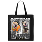 a black tote bag with two dogs on it