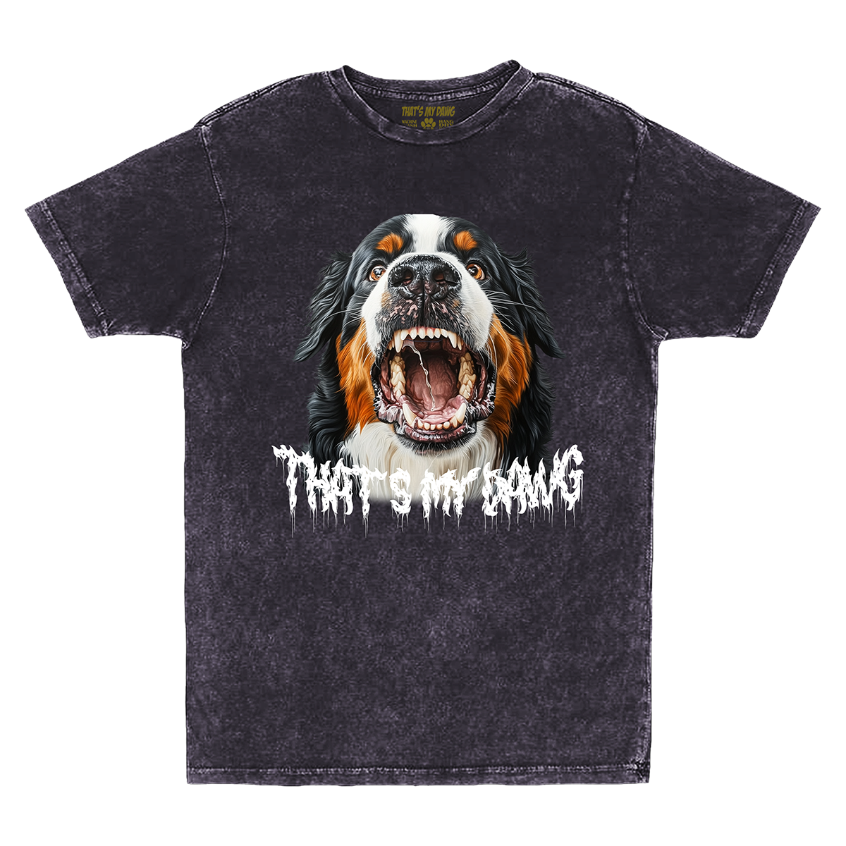 a t - shirt with an image of a dog with its mouth open