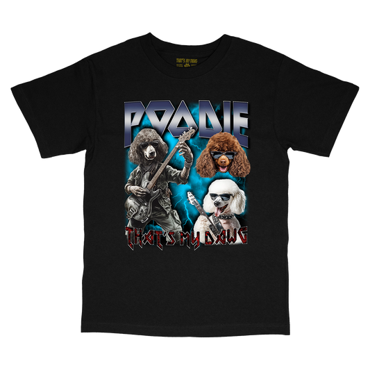 a black t - shirt with a picture of dogs and a guitar player