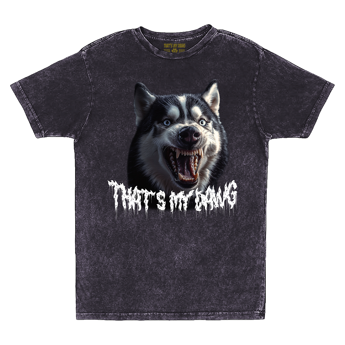 a black t - shirt with a picture of a dog with the words chaos is