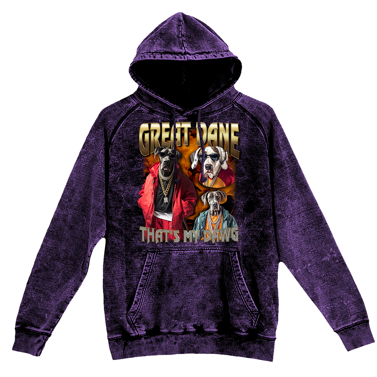 a purple hoodie with a picture of two dogs on it