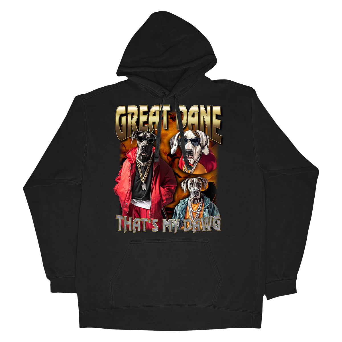 a black hoodie with two dogs on it