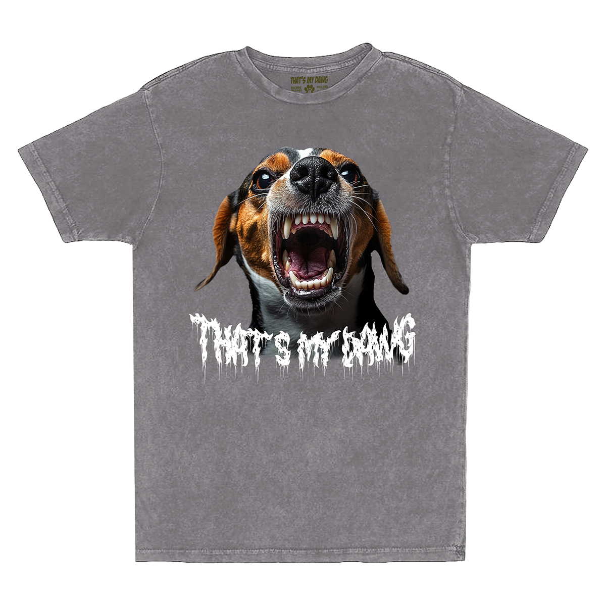 a gray t - shirt with a picture of a dog with its mouth open