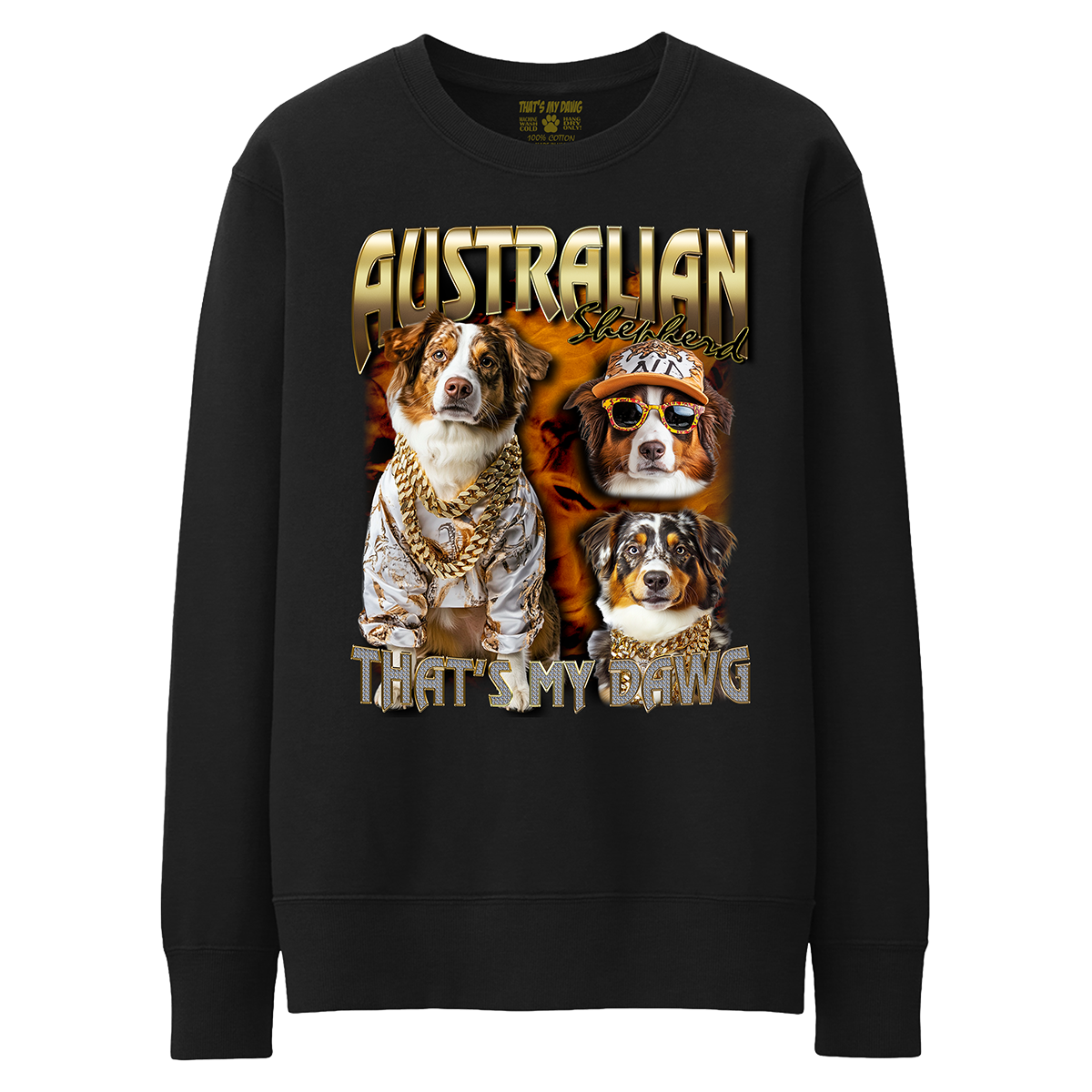 a black sweatshirt with two dogs wearing glasses