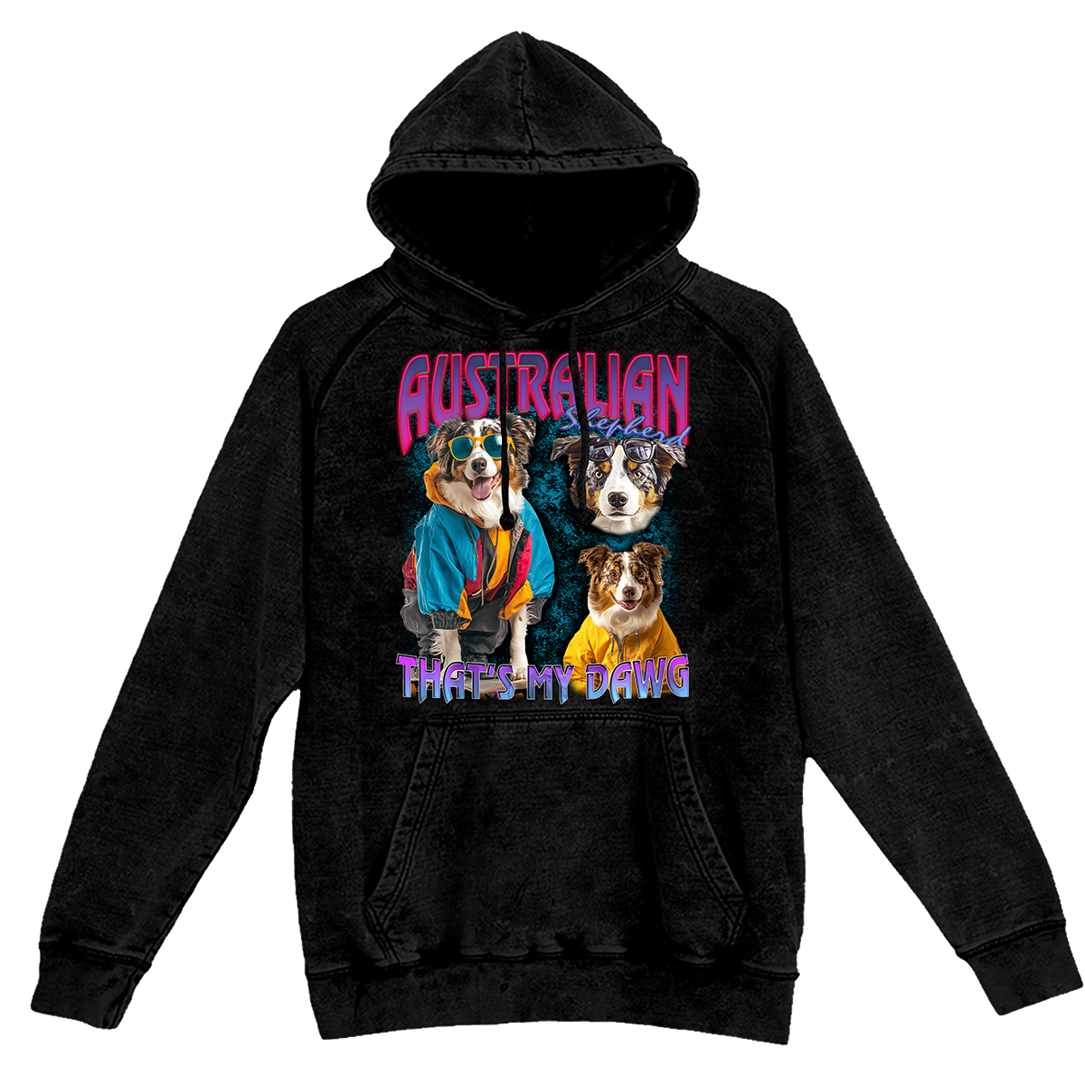 a black hoodie with two dogs on it