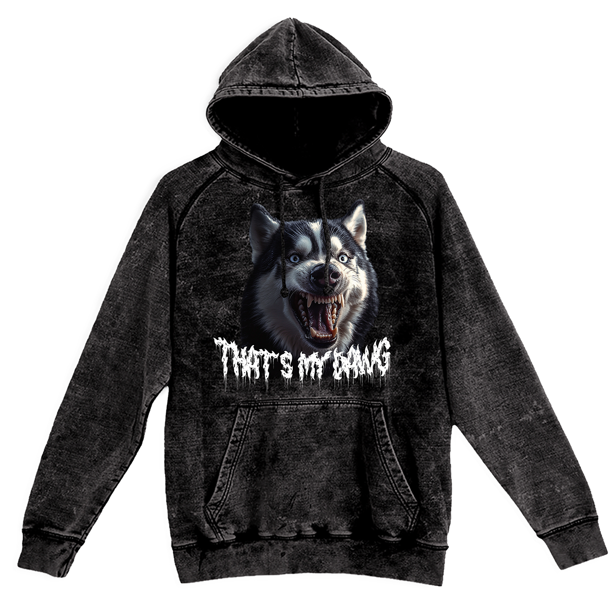 a black hoodie with a picture of a dog on it